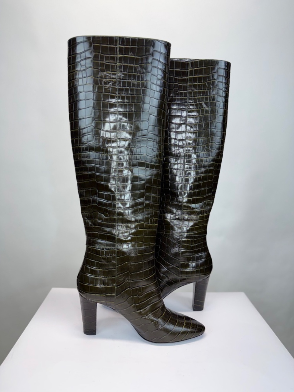 New Longchamp Croc Embossed Leather Knee High Boot Khaki Sz 10 - Picture 13 of 16